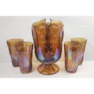 Vintage Indiana Amber Marigold Carnival Glass Harvest Grape Tumbler Pitcher Set